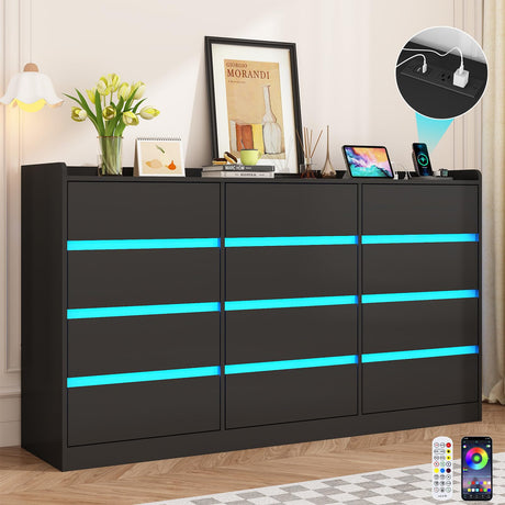 12 Drawer Dresser w/Charging Station,60000-color LED Lights,Modern Chest of Drawers w/Power Outlet,Wooden Storage Dresser,Handle Free Minimalist Black Dressers for Bedroom,Living Room, Entryway chartustriable