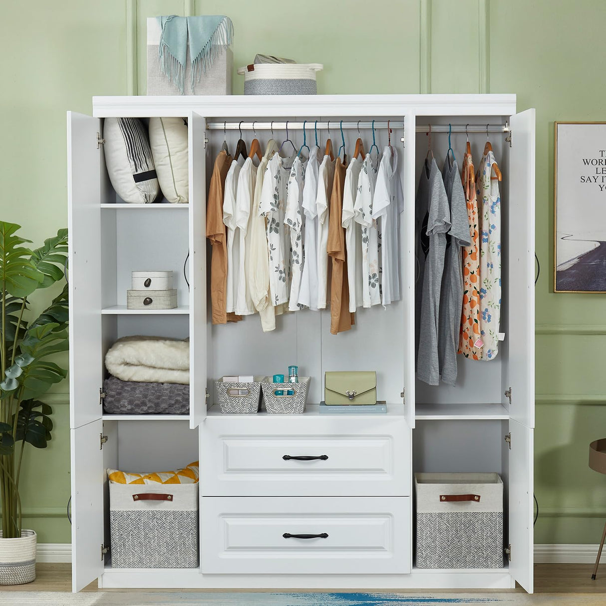 ClassyCabin 4 Door Armoire Wardrobe Closet, Wood 2 Drawers Armoire Storage Cabinet for Large Capacity, White Bedroom Armoires for Clothes with Hanging Rod and 5 Storage ClassyCabin