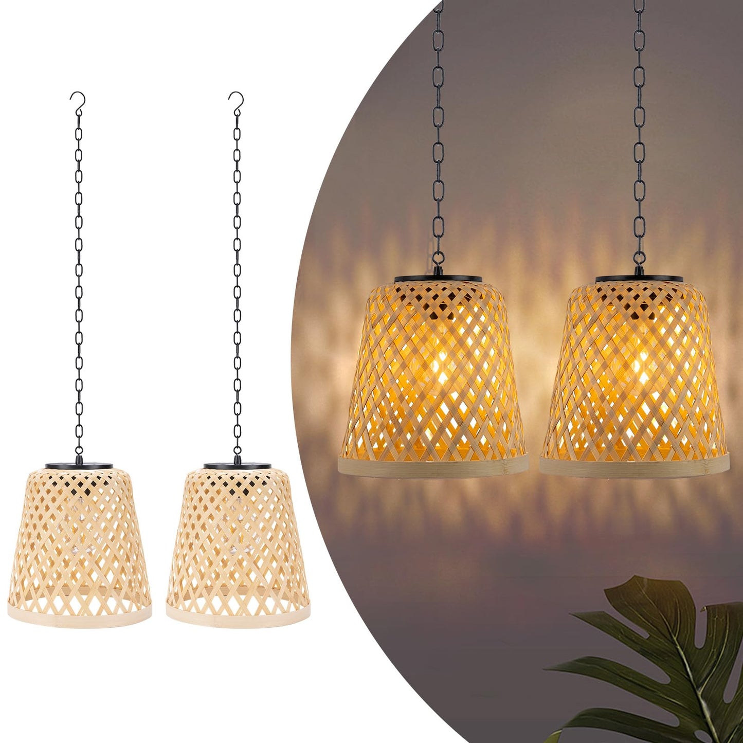 Livinlarge 2-Pack Bamboo Woven Outdoor Chandelier Small Hanging Rattan Solar Pendant Lights Modern Retro Boho Pendant for Gazebo Yard Porch Patio Garden Backyard Decor - WoodArtSupply