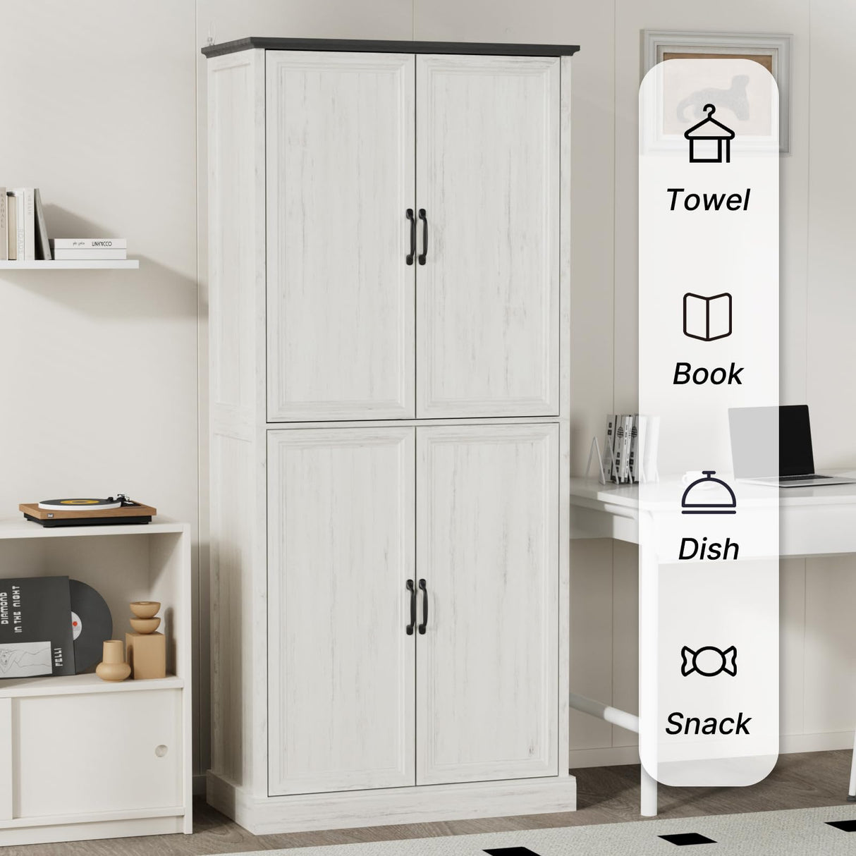 Tradare 71'' Tall Pantry Cabinet, Farmhouse Kitchen Pantry Storage Cabinet with Barn Door and Adjustable Shelves, Rustic White Wood Freestanding Cupboard for Kitchen, Dining Room Tradare