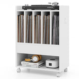 LOKO Record Player Table on Wheels, Turntable Stand with Pull-Out Drawer & Open Shelf, Rolling Storage Cabinet, Vinyl Record Display Rack Holds Up to 180 Albums, for Living Room Bedroom Study (White) LOKO