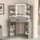 Makeup Vanity Desk, Corner Vanity with Large LED Mirror,Lots Open Shelves,Gray Vanity with Charging Station,Farmhouse Makeup Vanity Table with 3 Lighting Modes, Brightness Adjustable Maupvit
