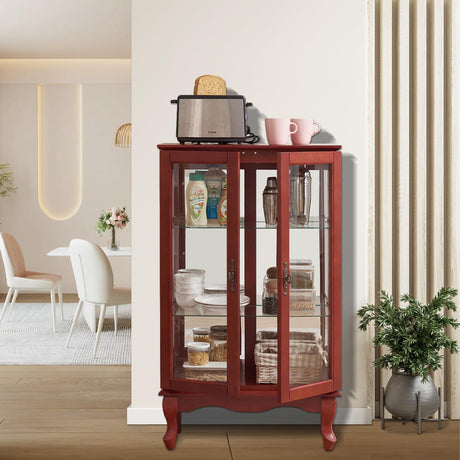 Firscook Curio Cabinet With Lighted Tall Leg Glass Door, Antique Display With Mirrored Back Panel, Vintage Lighted Accent Corner China for Living Room (Cherry) Firscook