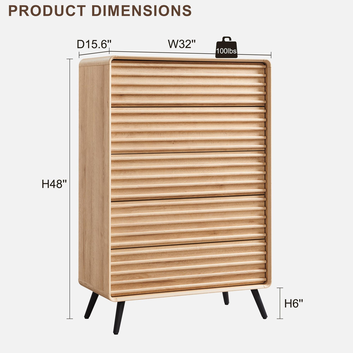 RedLemon 5 Drawers Dresser for Bedroom, 48'' Tall Mid Century Modern Wood Fluted Dresser, Chest of Drawers with Tapered Leg for Bedroom, Living Room, Hallway, Closet,Natural Oak RedLemon