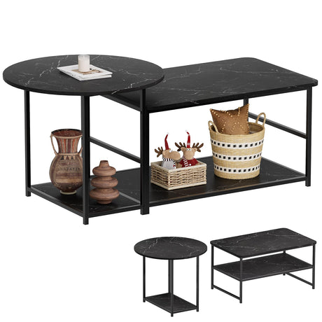 WOHOMO Coffee Table, Black Modern Coffee Tables for Living Room 2 in 1Detachable Small Center Table Set with Storage, Black Marble WOHOMO
