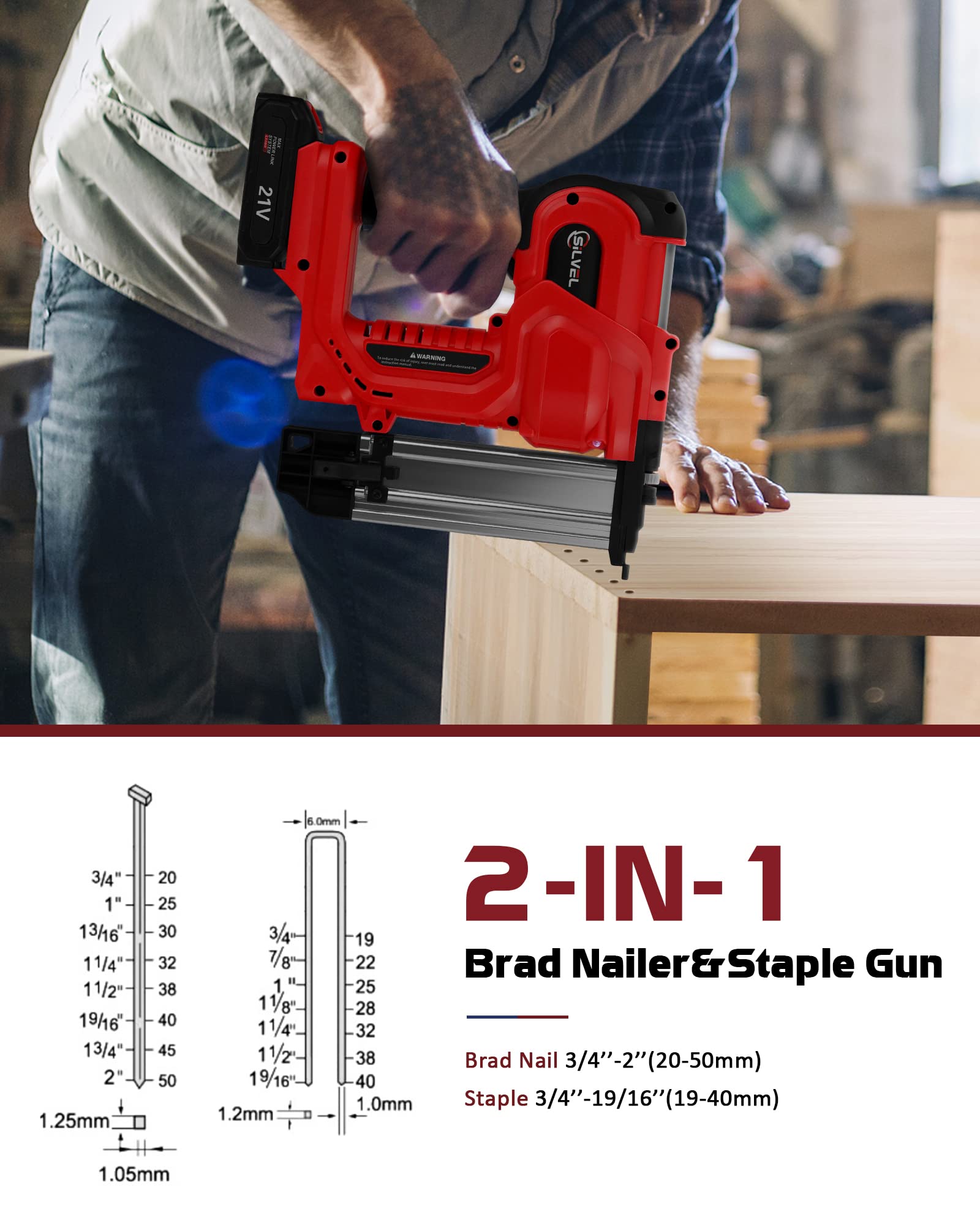 SILVEL 18 Gauge Cordless Brad Nailer, 2 in 1 Cordless Nail Gun/Electric Stapler, 2 * 21V Battery Powered Nail Gun, Fast Charging for Woodworking,Home Improvement - WoodArtSupply