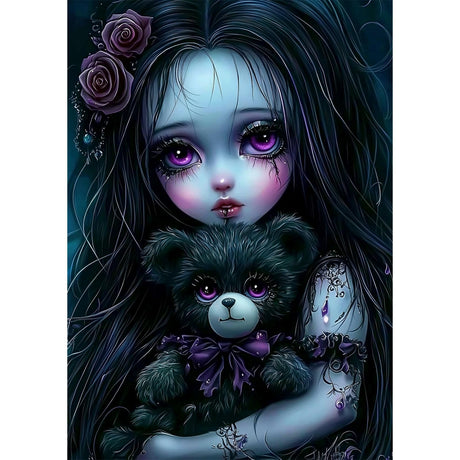 SENQAO Gothic Diamond Painting Kits for Adults, 5D Diamond Art Kits for Beginners, DIY Bear Horror Doll Round Full Diamond Gemstone Art Rhinestone Painting for Wall Decor 12X16 inch SENQAO