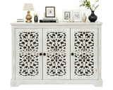 LKTART 44" Sideboard Buffet Cabinet, Farmhouse Accent Storage with 3 Hollow Carved Doors for Living/Dining Room,Kitchen Antique White LKTART