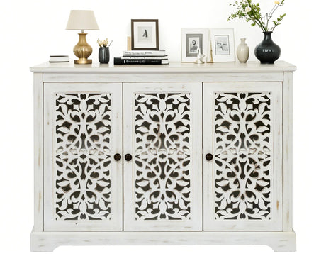 LKTART 44" Sideboard Buffet Cabinet, Farmhouse Accent Storage with 3 Hollow Carved Doors for Living/Dining Room,Kitchen Antique White LKTART