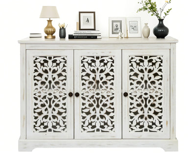 LKTART 44" Sideboard Buffet Cabinet, Farmhouse Accent Storage with 3 Hollow Carved Doors for Living/Dining Room,Kitchen Antique White
