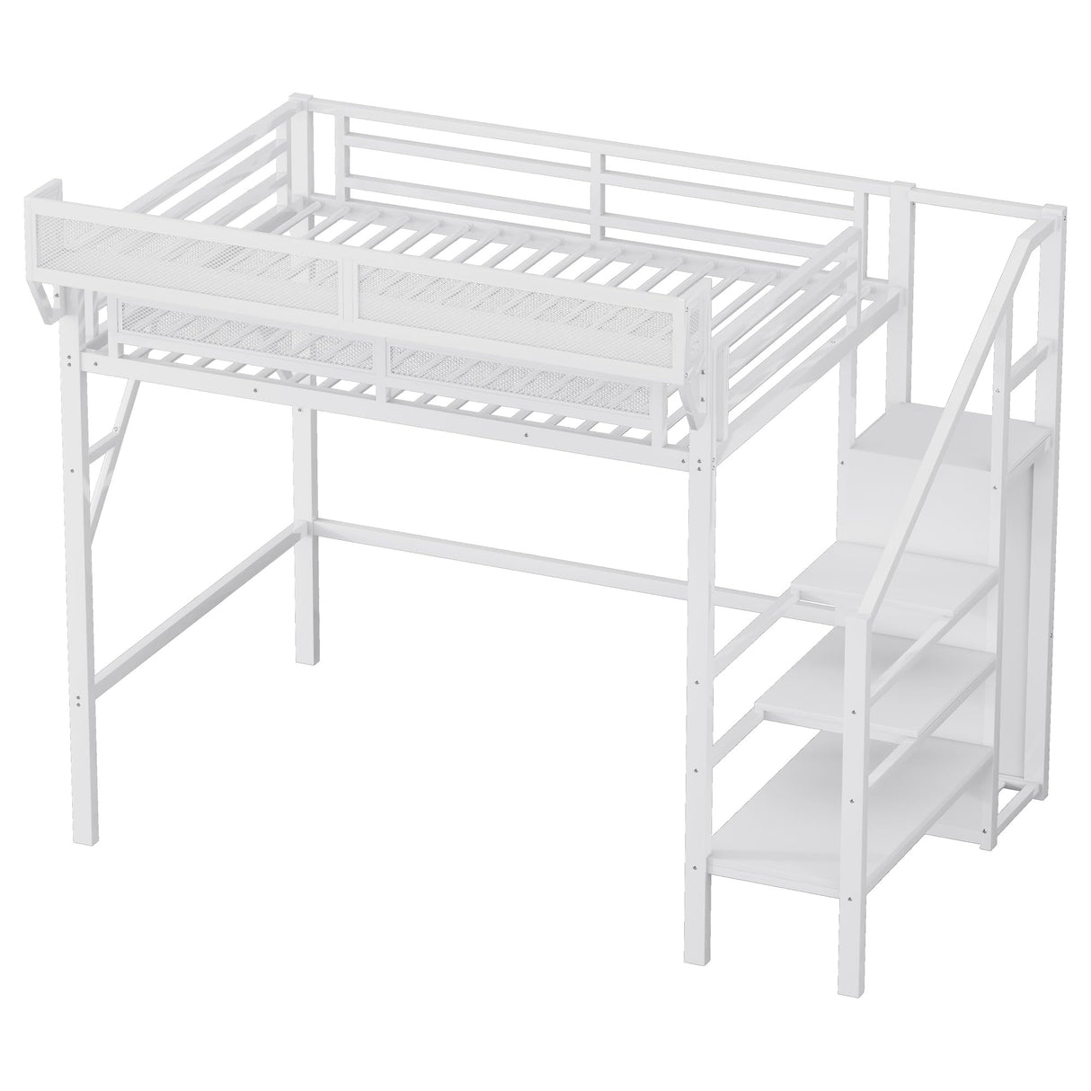 Mirightone Twin Size Loft Bed with Stairs and Storage, Metal Loft Bed Frame with A Shelf and Large Under-Bed Space, Heavy-Duty Loft Beds for Kids Boys Girls Teens, White Mirightone