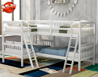 VENYAA Higher Quality and Stronger Solid Wood Quad Bunk Bed Twin Over Twin for 4 with Safer Guardrail and Ladders, Thickened More Stable Wooden Twin Size L-Shaped Bunk Bed (Faster Assembly) (White)