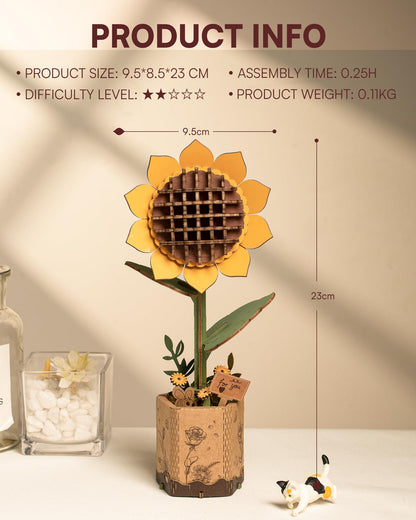 ROBOTIME 3D Puzzles Wooden Flower Sunflower DIY Model Building Kit to Build for Adults Bouquet Botanical Collection Craft Brain Teaser Puzzle Creative Gift Home Decor - WoodArtSupply