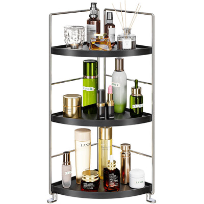 KINGBERWI 3 Tier Bathroom Corner Organizer Countertop, Vanity Counter Skincare Makeup Storage Shelf, Bathroom Sink Countertop Organizer, Black