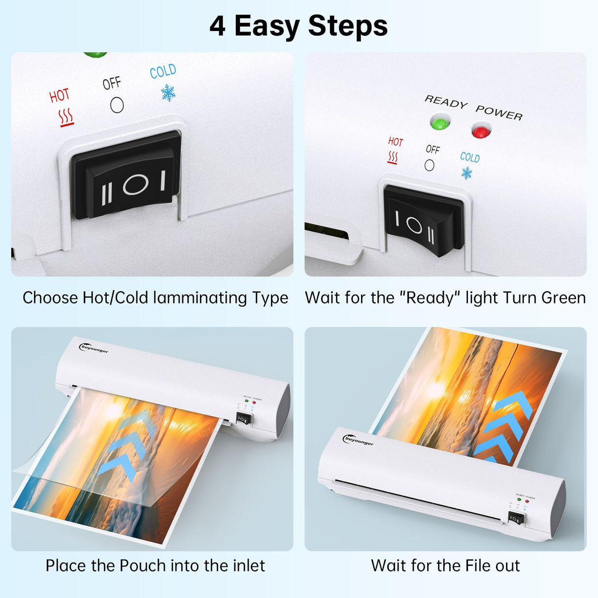 Buyounger Laminator Machine with 10 Laminating Sheets, 9 Inch Laminator Hot & Cold for A4/A5/A6, Thermal Laminating Machine for Home School Office Buyounger