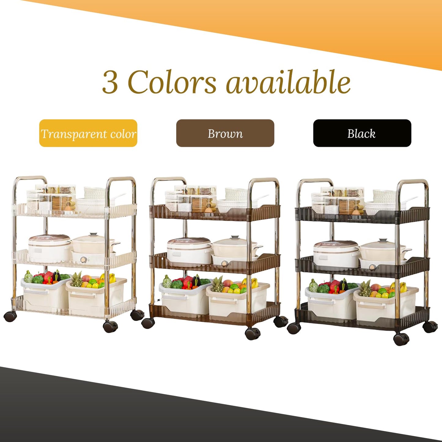 3 Tier Utility Cart Coffee, Acrylic Bathroom Cart Organizer Kitchen Organizer Rolling Storage Cart Mobile Shelving Unit Multi-Functional Shelves for Office, Kitchen, Living Room