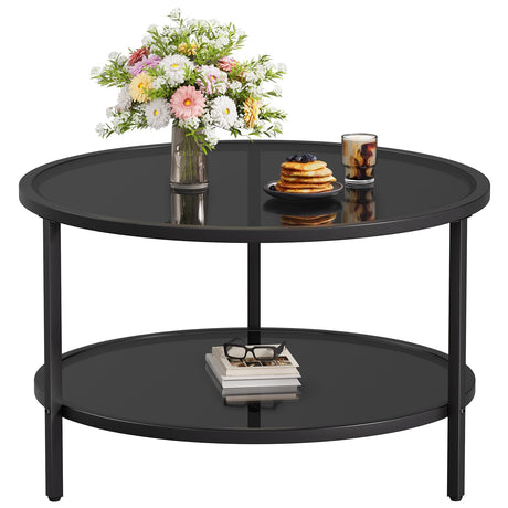 SAYGOER 27.6'' Round Coffee Table 2 Tier Black Glass Coffee Tables with Storage Shelf for Large or Small Space Modern Simple Sofa Table for Living Room Home Office, Easy Assembly… SAYGOER