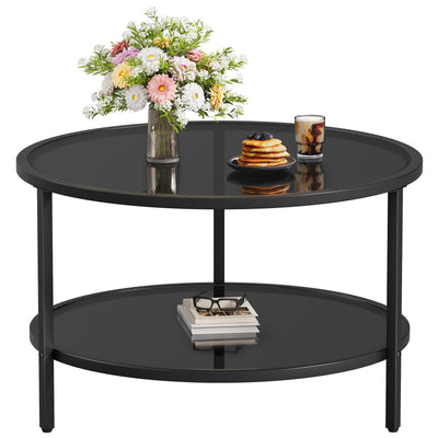 SAYGOER 27.6'' Round Coffee Table 2 Tier Black Glass Coffee Tables with Storage Shelf for Large or Small Space Modern Simple Sofa Table for Living Room Home Office, Easy Assembly…