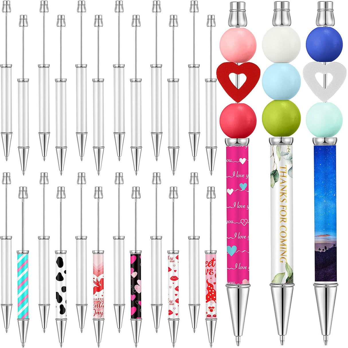 Spakon 24 Pcs Sublimation Beadable Blank Pens Metal Bead Pens DIY Heat Transfer Ballpoint Pen Black Ink Pen Personal Customization Pen Gift for Guest Wedding Students Teacher Office School Spakon