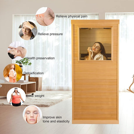 Xmatch Far Infrared Wooden Sauna Room, 1-Person Size Right Bench, with 1050W, 6 Heating Plates, 10-15 Minutes Pre-Warm up Xmatch