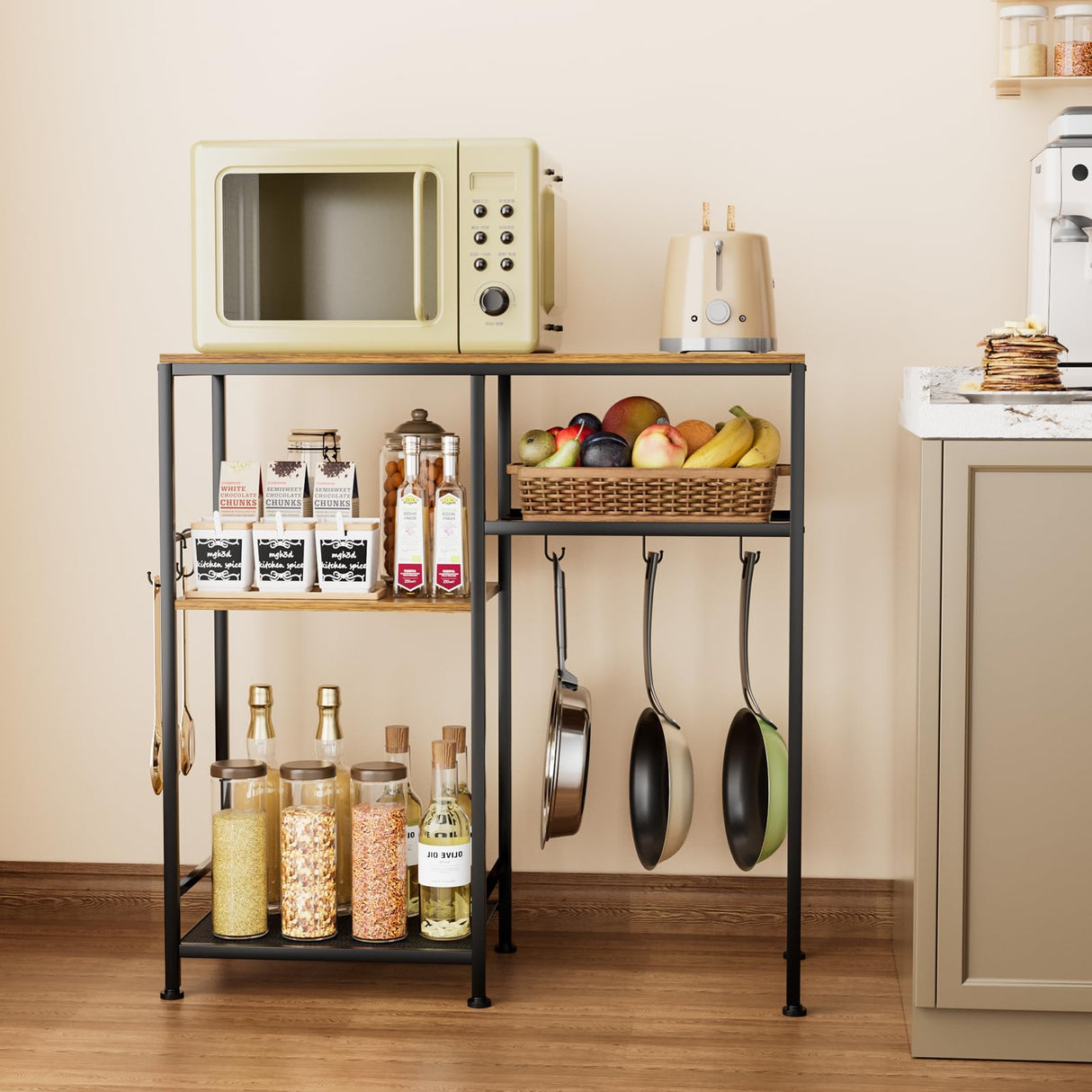 Consumest Bakers Rack with Storage - Microwave Stand and Coffee Bar Cabinet, Multifunctional Pan Organizer with 6 Hooks and 2 Shelves, Microwave Cart for Kitchen, Living Room, Brown&Black Consumest