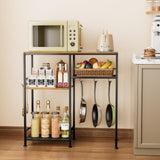 Consumest Bakers Rack with Storage - Microwave Stand and Coffee Bar Cabinet, Multifunctional Pan Organizer with 6 Hooks and 2 Shelves, Microwave Cart for Kitchen, Living Room, Brown&Black Consumest