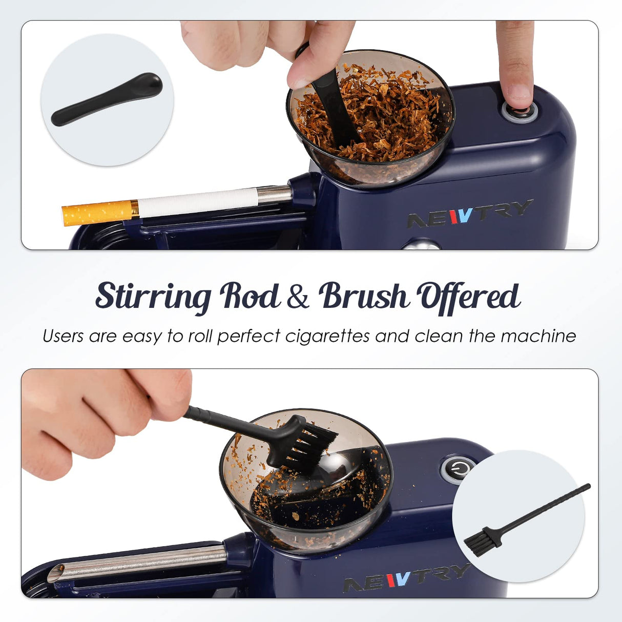 NEWTRY Cigarettes Rolling Machine, Electric Tobacco Rollers with 4 Gears Adjustable, 1 Stirring Rod, 1 Brush(0.31’’) NEWTRY