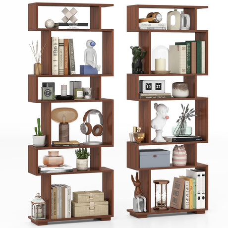 Giantex 6-Tier Geometric Bookshelf Set of 2, S-Shaped Bookcase with 2 Anti-Tipping Kits, Wooden Display Shelf, Decorative Storage Shelving Unit, Home Storage Organizer for Office Living Room, Walnut Giantex