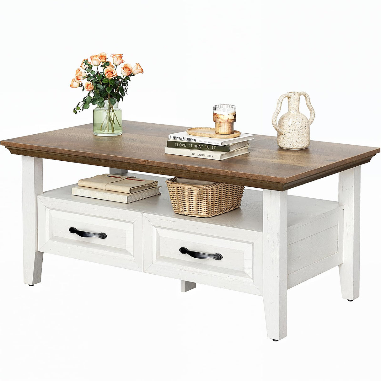 Marsail Farmhouse Coffee Table with Storage, 39.4" Wood Coffee Table for Living Room, Rustic Center Table with 2 Drawers, Open Display Area, Brown&White Marsail