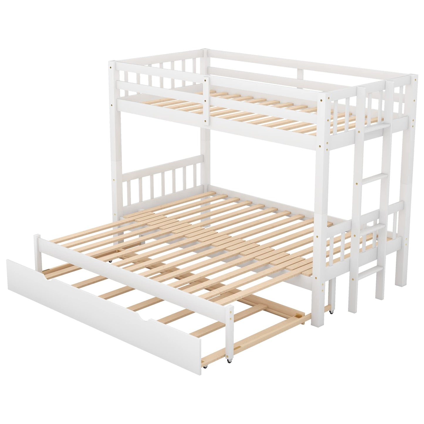 KLMM Twin Over Twin/Queen Wood Bunk Bed with Trundle and Stretchable Down Bed, Accommodate 4 People Extendable Bunk Beds with Ladder and Safety Rail (White/4-in-1) - WoodArtSupply