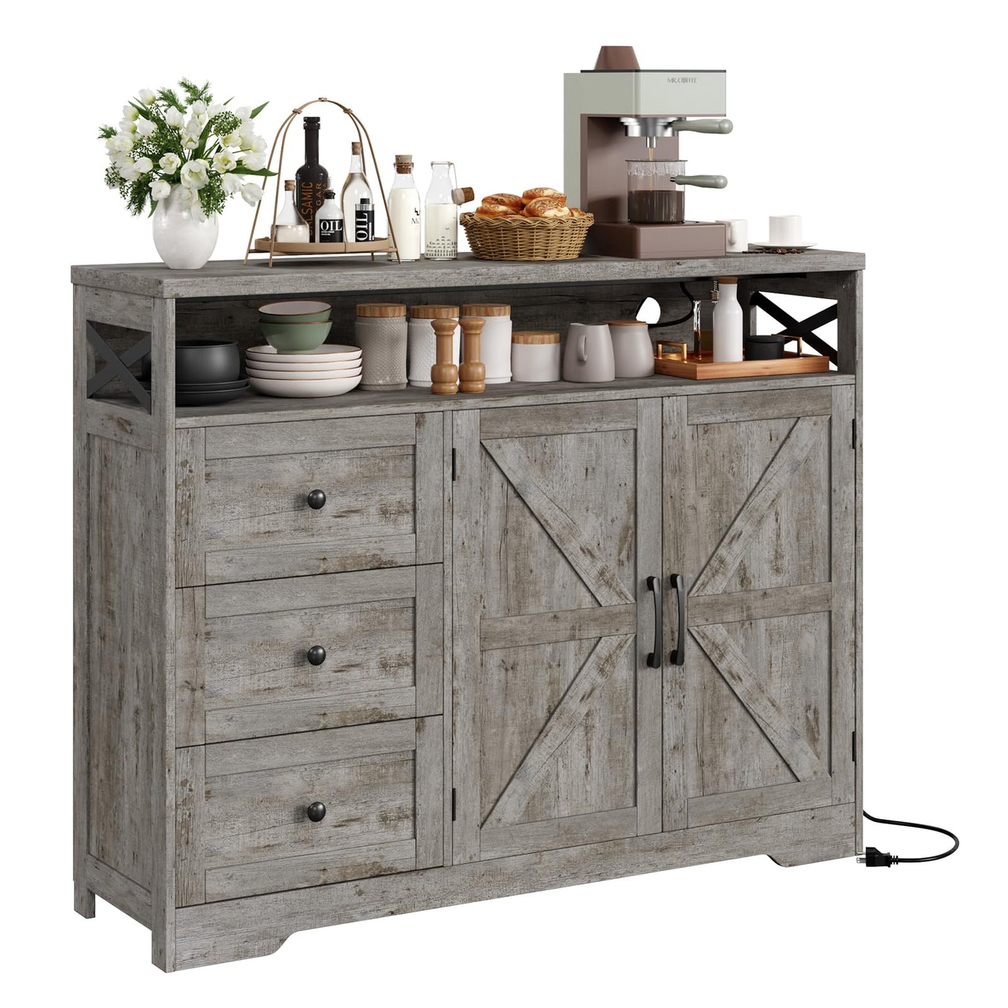 Vabches 47''W Farmhouse Buffet Sideboard with Charging Station and 3 Drawers, Coffee Bar Cabinet Buffet Cabinet with Shelf, Rustic Accent Cabinet with Storage for Kitchen, Dining Room, Washed Gray