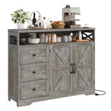 Vabches 47''W Farmhouse Buffet Sideboard with Charging Station and 3 Drawers, Coffee Bar Cabinet Buffet Cabinet with Shelf, Rustic Accent Cabinet with Storage for Kitchen, Dining Room, Washed Gray Vabches