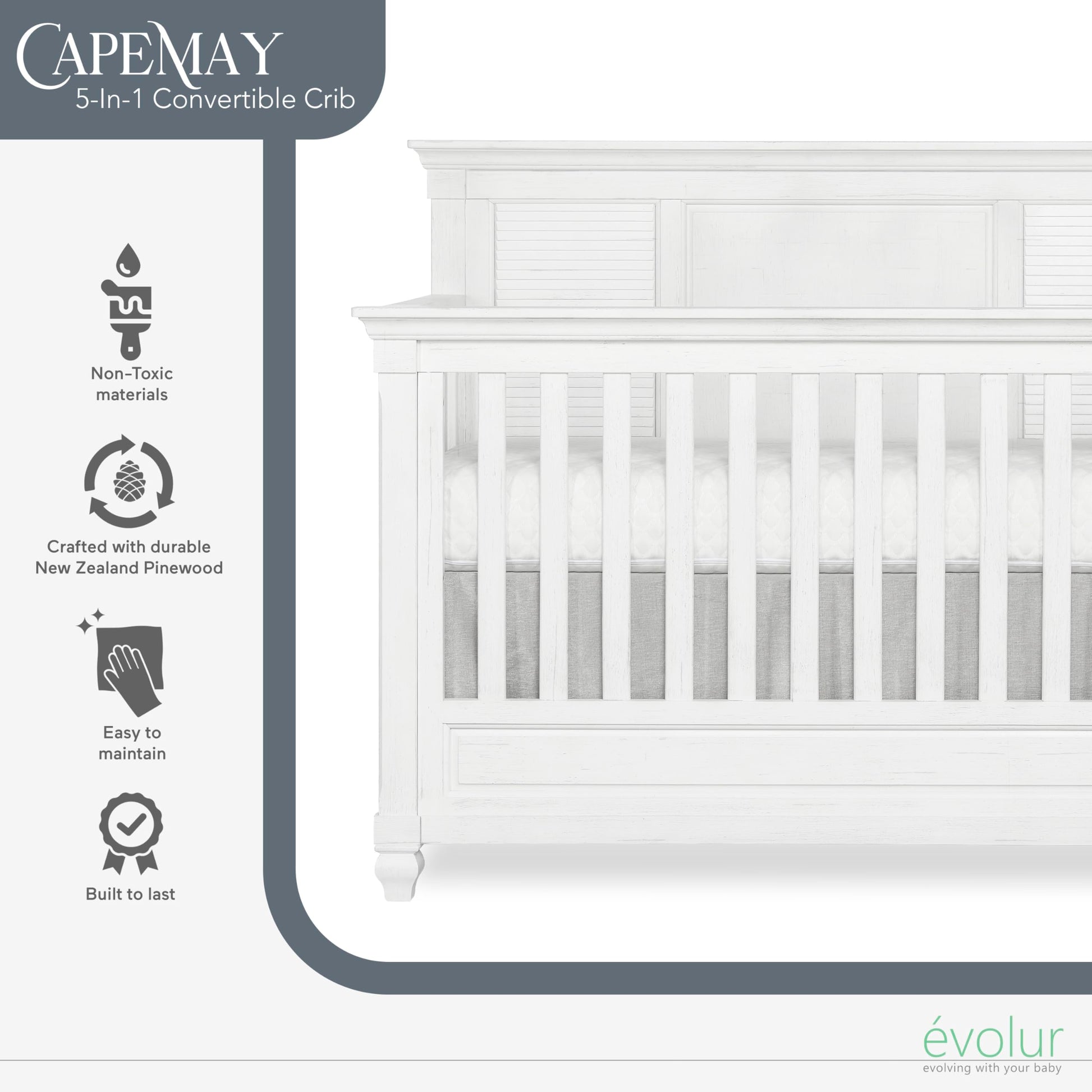 Evolur Signature Cape May 5 in 1 Full Panel Convertible Crib Updated 2022 Edition - WoodArtSupply