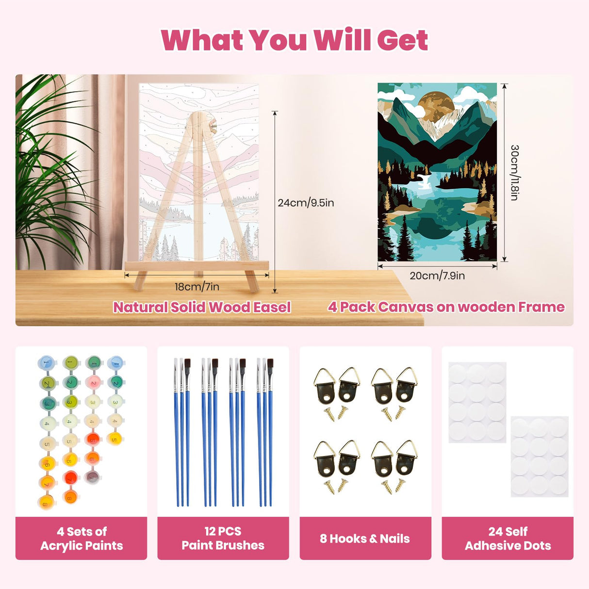 4 Pack Paint by Numbers Kits for Adults Beginners Framed Canvas, Adult Paint by Number Kit with Wooden Easel, Sunset Lake Mountains Easy Painting by Numbers for Adults Framed Crafts 8x12inch Genius maker