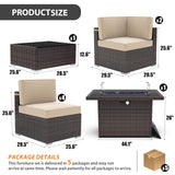 Vakollia 8 Pieces Patio Furniture Set with 44" Propane Gas Fire Pit Table, Outdoor Sectional Brown Rattan Wicker Conversation Sofa Sets with Coffee Table Vakollia