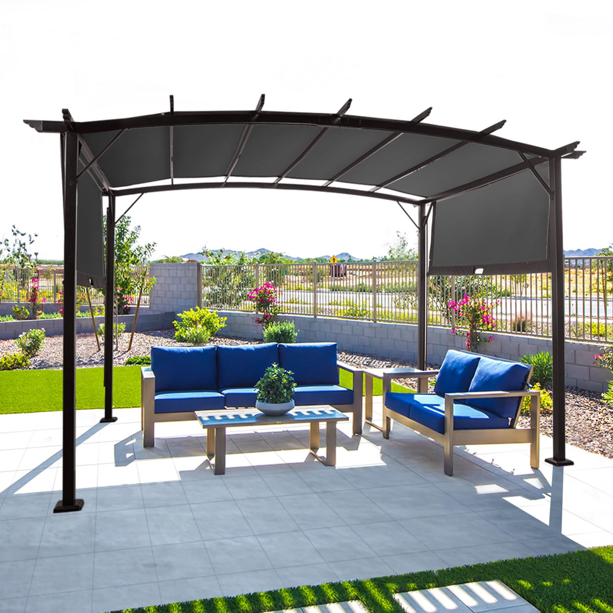 VINGLI 9’x 12' Outdoor Pergola Metal Retractable Pergola Canopy with Adjustable Roof, Garden Pergola for Deck, Porch, Garden, Yard (Grey) VINGLI