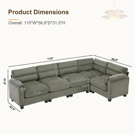 HAOMARKETS 115” Modular Sectional L Shaped Corner Sofa, Corduroy 5-Seater Couches with Thick Cushion for Living Room, Green HAOMARKETS
