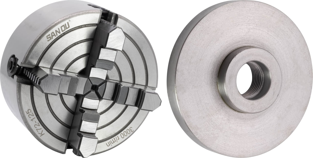 CME 5" 4-Jaw Independent Lathe Chuck with 1 1/2"-8 Threaded Semi-Finished Backing Plate, Machine to Fit Chuck, Reversible Jaws CME Tools