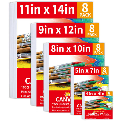 40 Pack Stretched Canvas Boards for Painting 8 of 4x4, 5X 7, 8x10, 9x12, 11x14 Art Blank Canvases, Gesso Primed 100% Cotton Canvas Panels for Acrylic Oil Watercolor Adults & Kids CMLHUGO