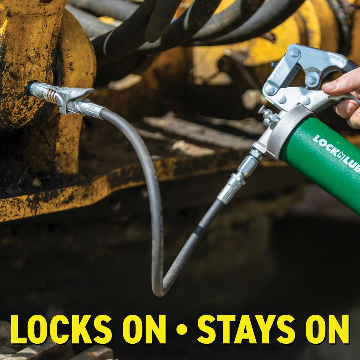 LockNLube Grease Gun Coupler locks onto Zerk fittings. Grease goes in, not on the machine. World's best-selling original locking grease coupler. Rated 10,000 PSI. Long-lasting rebuildable tool. LockNLube