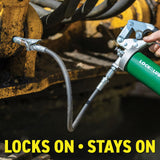 LockNLube Grease Gun Coupler locks onto Zerk fittings. Grease goes in, not on the machine. World's best-selling original locking grease coupler. Rated 10,000 PSI. Long-lasting rebuildable tool. LockNLube