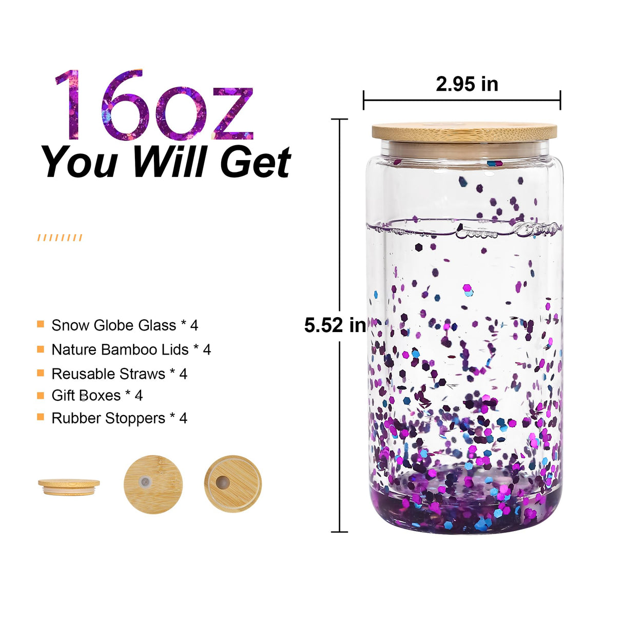 AGH 4 Pack Snow Globe Tumbler 16 oz Sublimation Snow Globe Glass Tumbler with Pre Drilled Hole Double Wall Snowglobe Glass Cups for Snow Globe Glitter DIY AGH