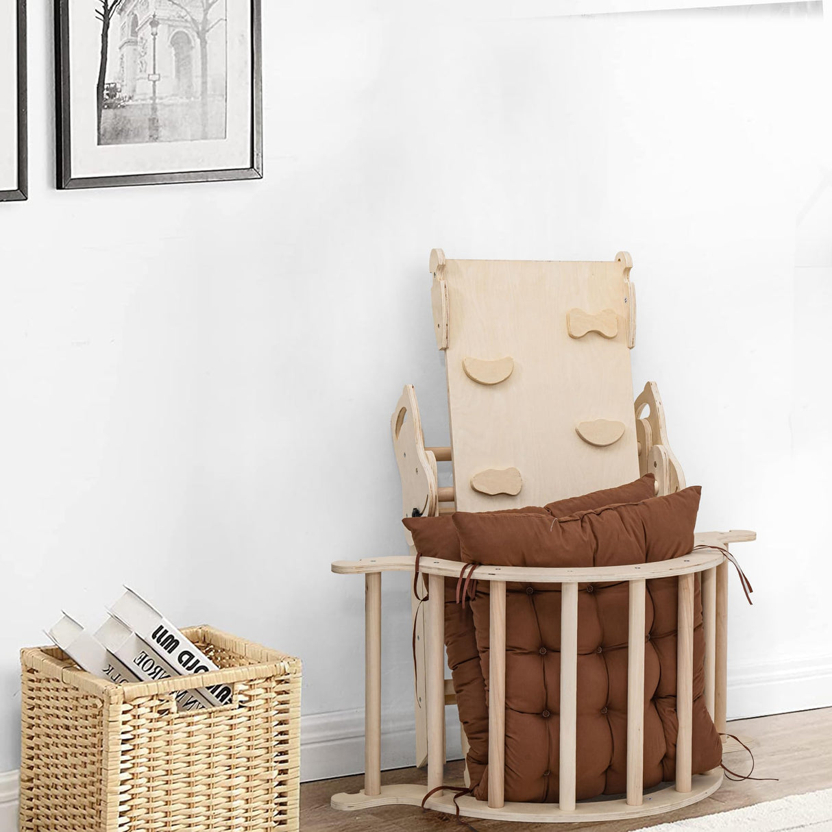 NEOCOZY Pikler Triangle Set with Cushion, Arch and Slide, Toddler Climbing Toys Indoor Playground, Montessori Climbing Set, Indoor Jungle Gym, Wooden Pickler-3 Piece Climbing Gym for Kids 2-6yr NEOCOZY