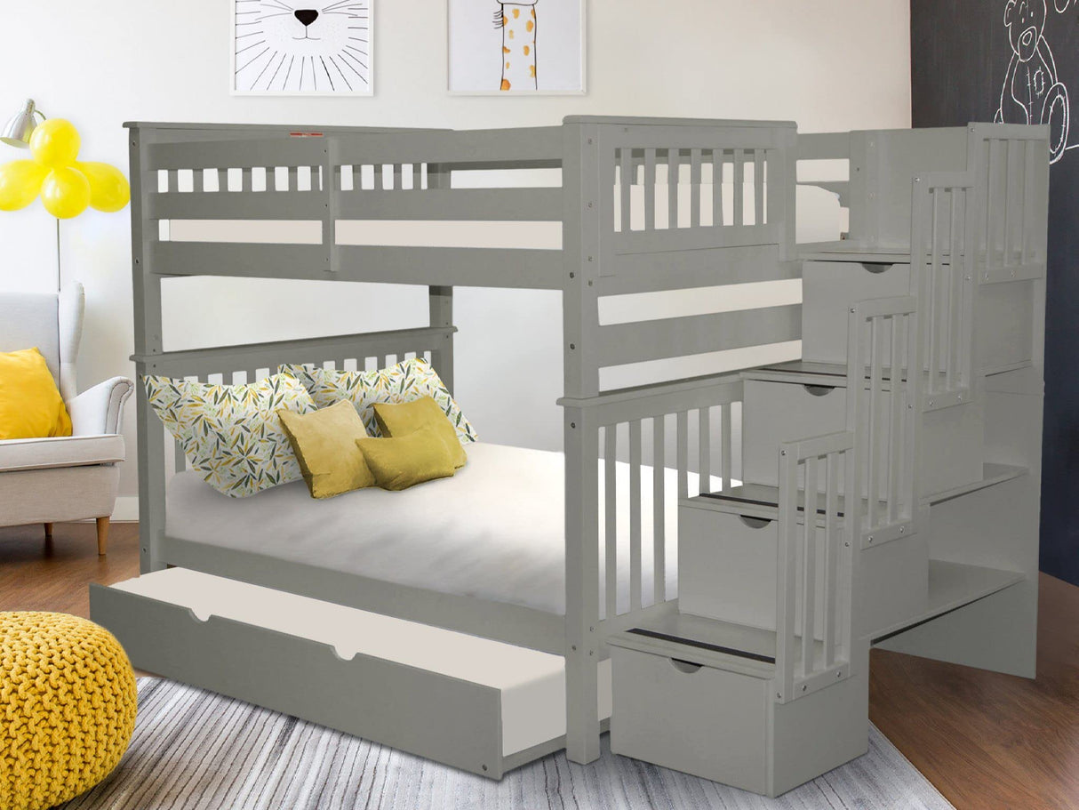 Bedz King Bunk Beds Full over Full with 4 Drawers in the Steps and a Twin Trundle, Gray Bedz King
