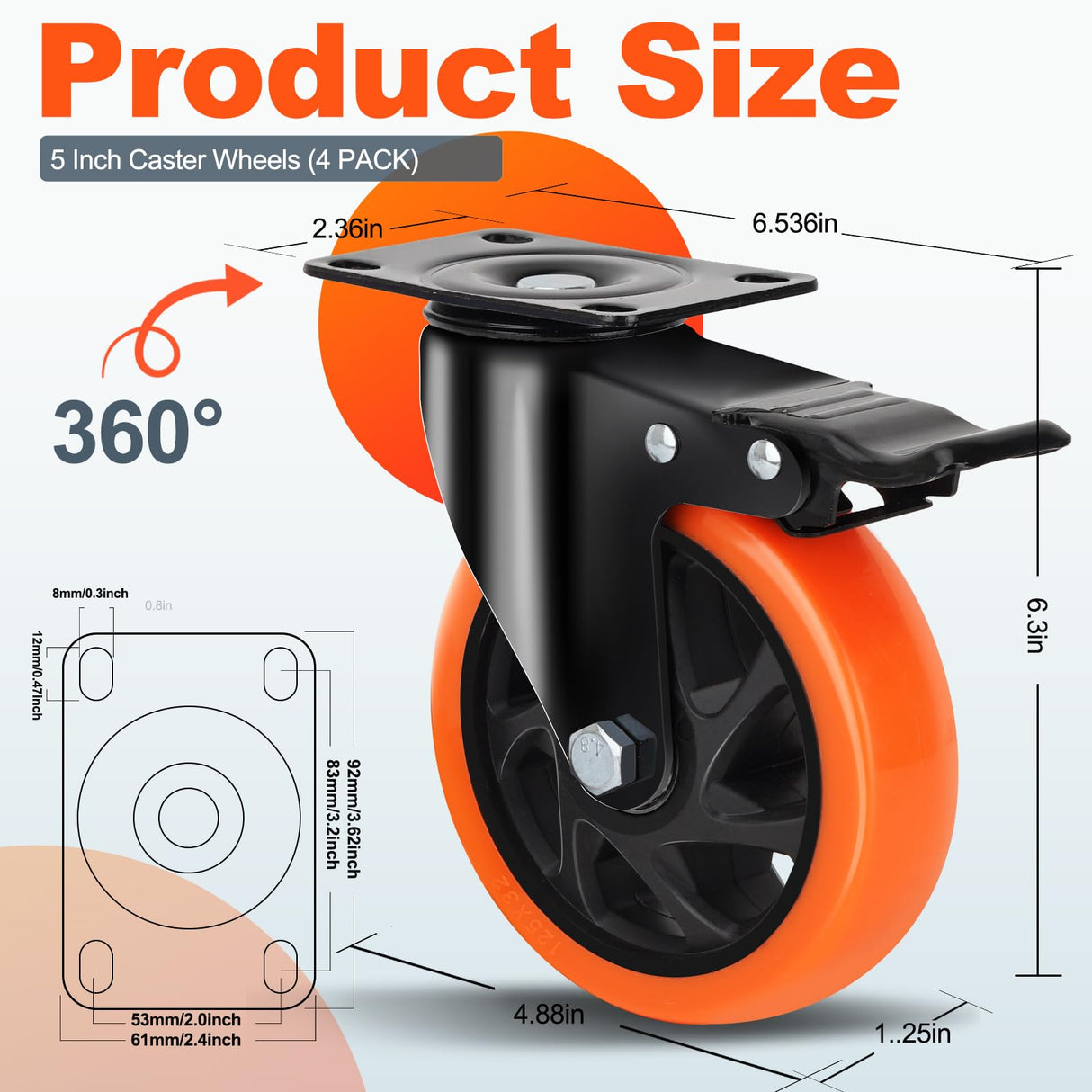 QNCZ Caster Wheels, 5 Inch Heavy Duty Casters Set of 4, Silent Industrial Casters Load 2600lbs, Swivel Casters for Furniture, Workbench and Cart Wheels QNCZ