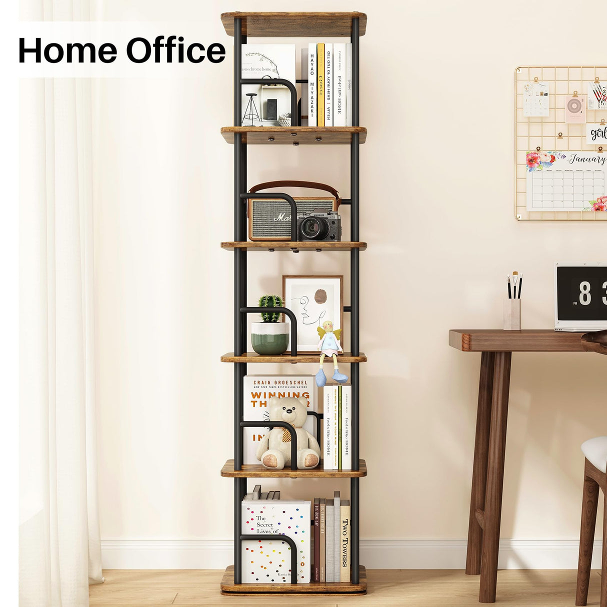 Branwick Rotating Bookshelf 5 Tier 360° Accessibility, Revolving Bookcase Spinning Bookshelf Tower, Wood Narrow Space Saving Book Shelf Organizer for Bedroom, Living Room, Study Room Branwick
