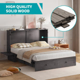 BALUS Murphy Cabinet Bed, Queen Size Cabinet Chest Bed with USB Charging Station, Tri-Fold Mattress, 2 Storage Drawers Modern Convertible Wooden Wall Beds for Apartment Bedroom - Dark Grey BALUS