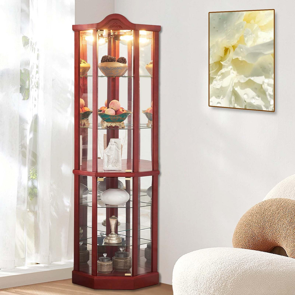 Firscook Curio Cabinet,Lighted Wooden Corner Curio Cabinet,Glass Display Curio Cabinet with Tempered Glass Doors and Shelves,6-Layer Wood Corner Cabinet, Glass Display Cabinet for Living Room(Cherry) Firscook