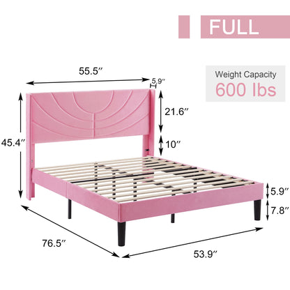 VECELO Full Size Upholstered Platform Bed Frame with Fabric Headboard,Wooden Slats Support/No Box Spring Needed/Mattress Foundation,Pink