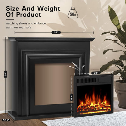 R.W.FLAME Electric Fireplace Mantel Wooden Surround Firebox, 36" Black TV Stand with Freestanding Electric Fireplace,Remote Control, Adjustable Led Flame, 750W/1500w